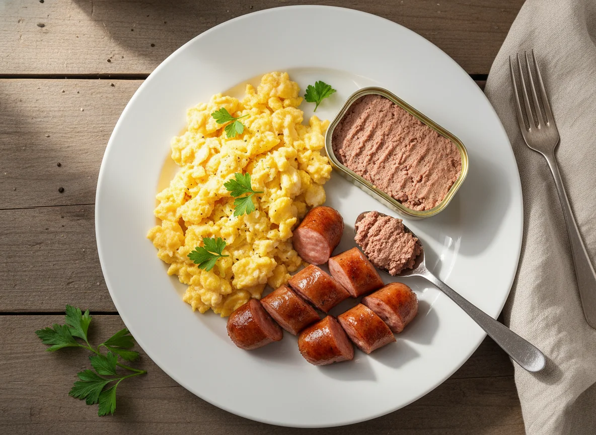 Scrambled eggs with sliced sausages and pate photo