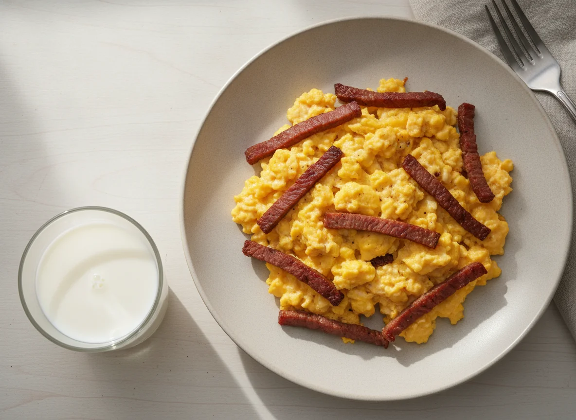 Scrambled eggs with smoked beef and milk photo