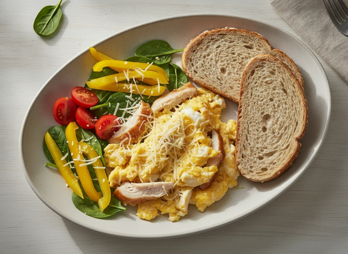 Scrambled eggs with smoked chicken, whole grain bread and fresh vegetables photo