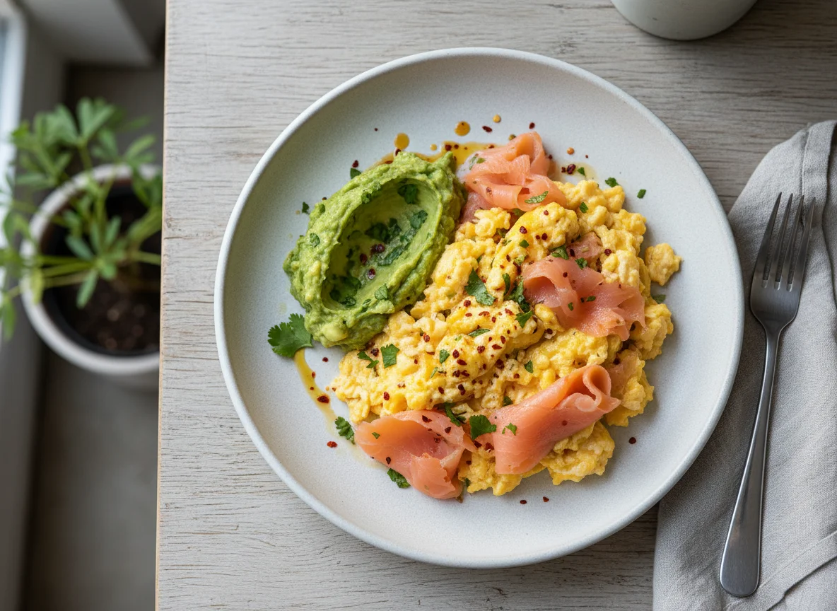 Scrambled Eggs with Smoked Salmon and Avocado photo