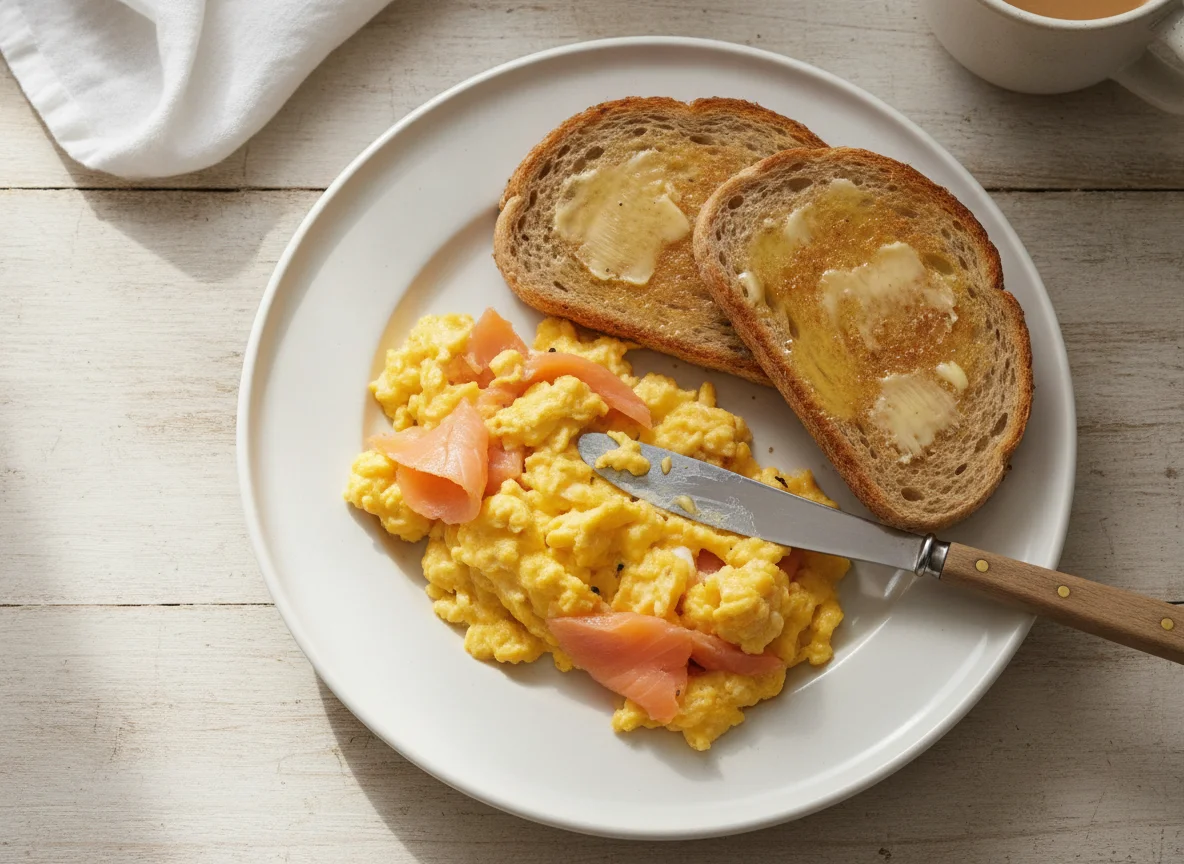 Scrambled eggs with smoked salmon and buttered toast photo