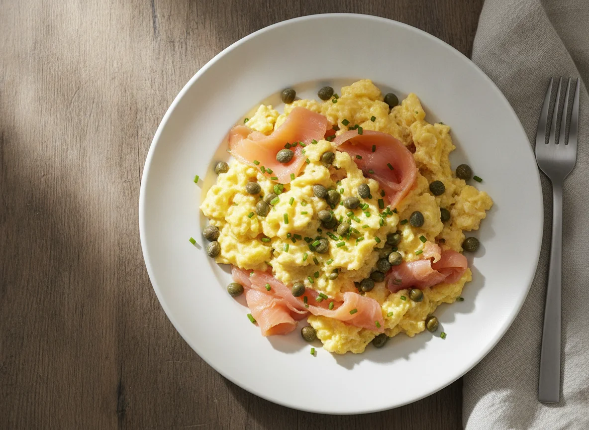Scrambled eggs with smoked salmon and capers photo