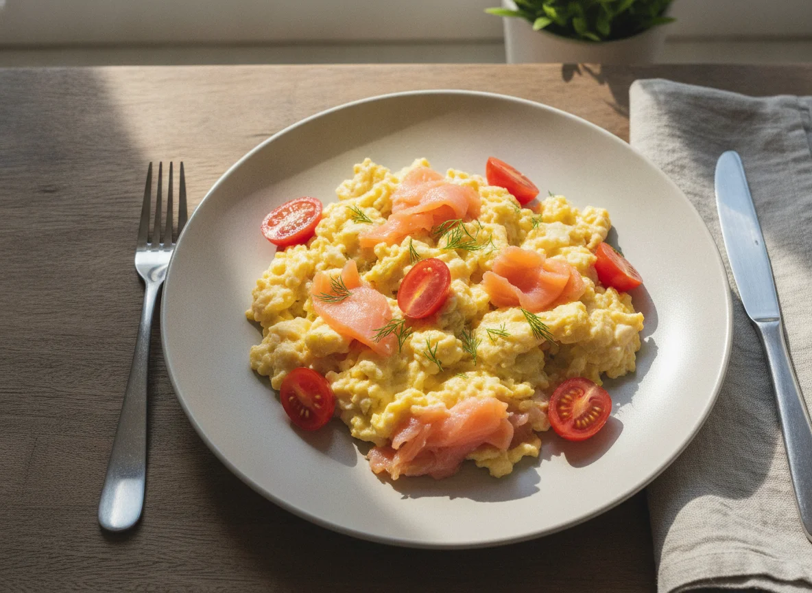 Scrambled eggs with smoked salmon and cherry tomatoes photo