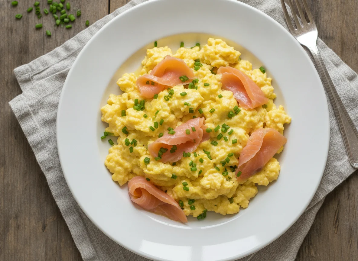 Scrambled eggs with smoked salmon and chives photo