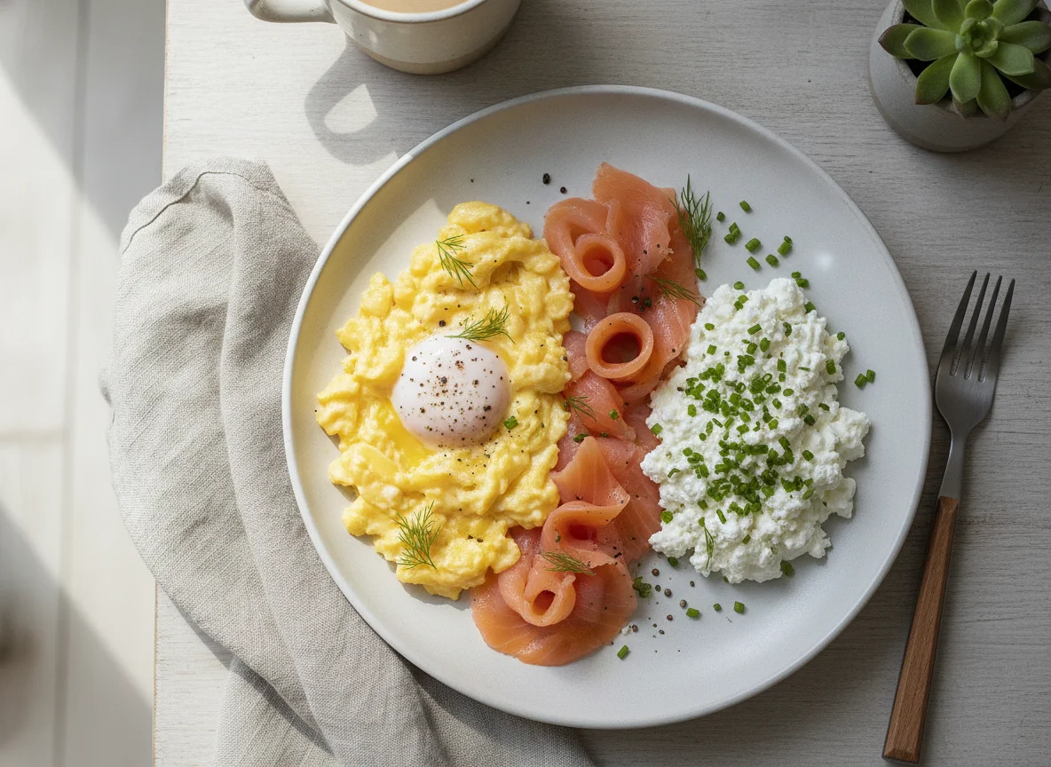 Scrambled eggs with smoked salmon and cottage cheese photo