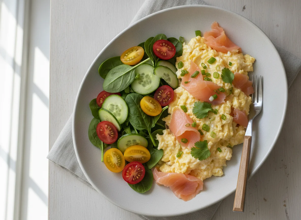 Scrambled eggs with smoked salmon and fresh greens photo