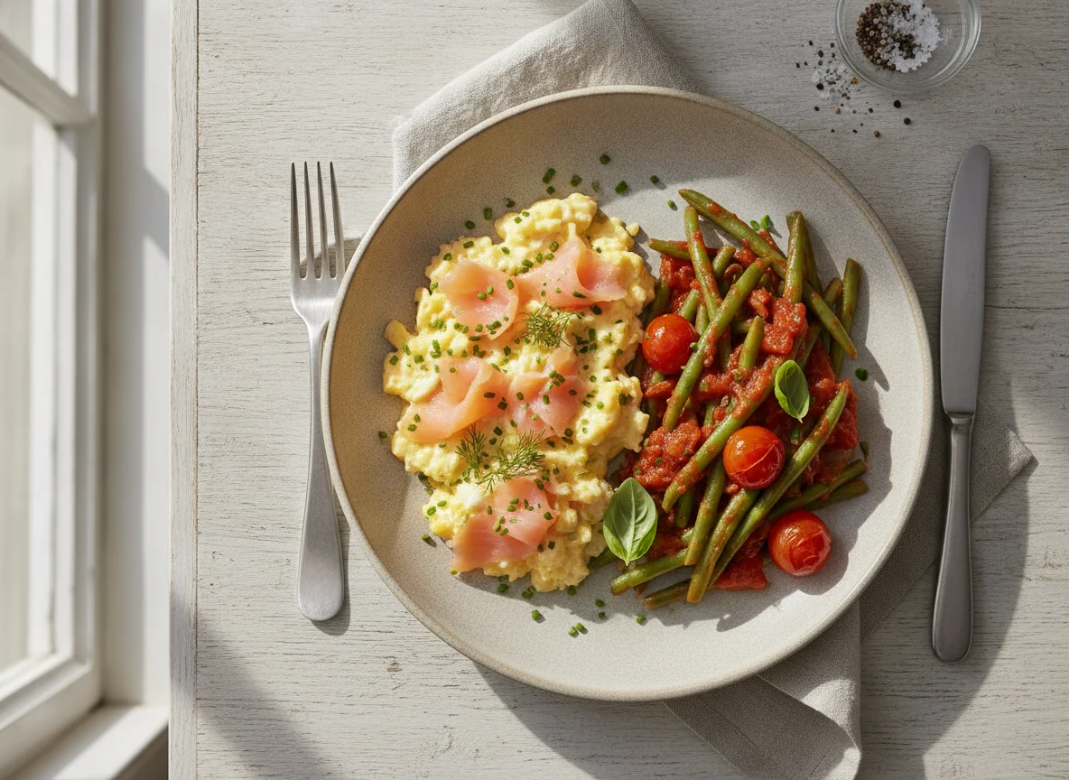 Scrambled eggs with smoked salmon and green beans in tomato sauce photo