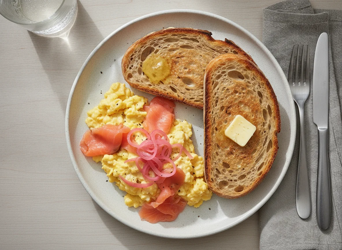 Scrambled eggs with smoked salmon and sourdough bread photo