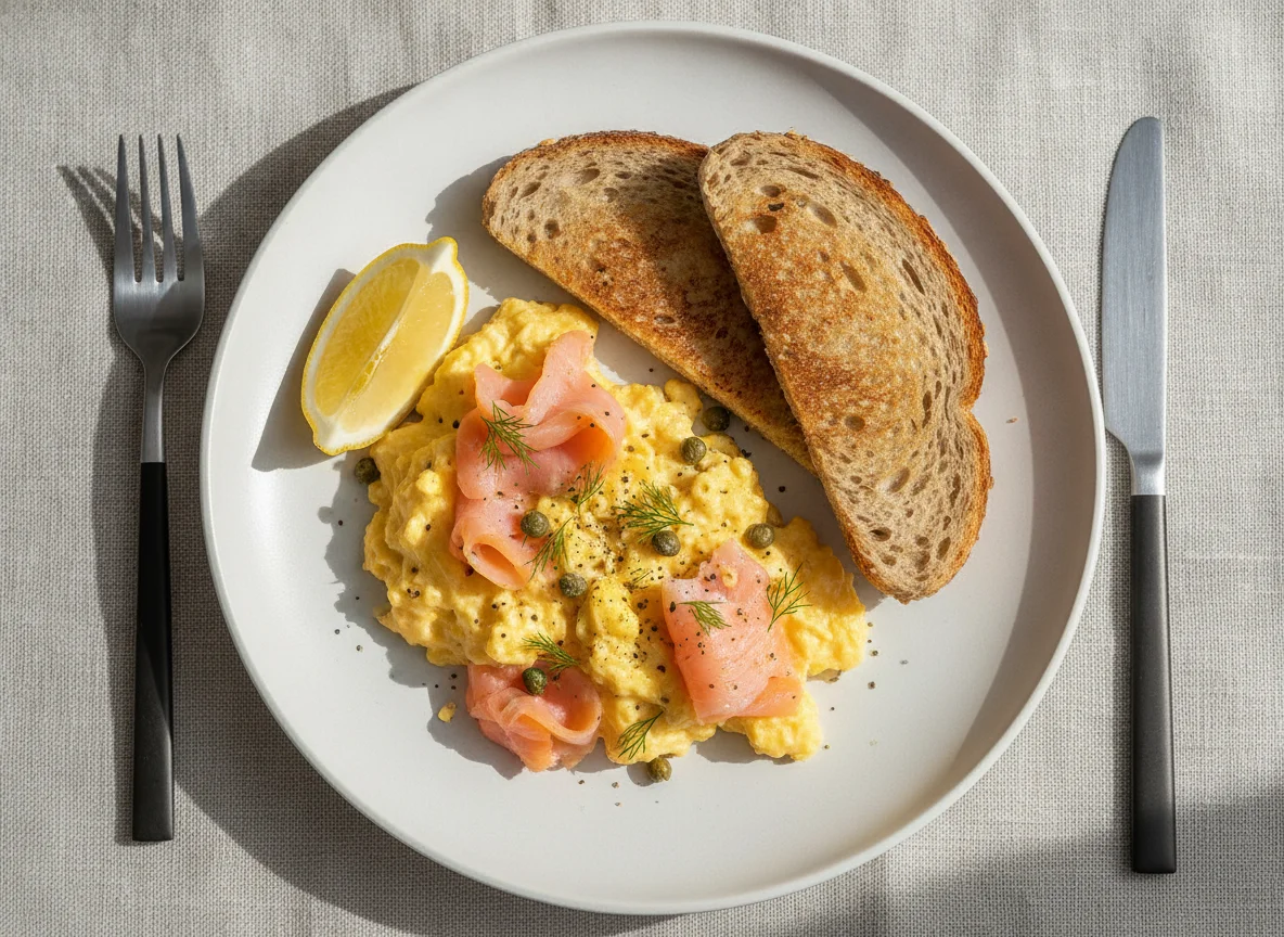 Scrambled eggs with smoked salmon and wholemeal toast photo