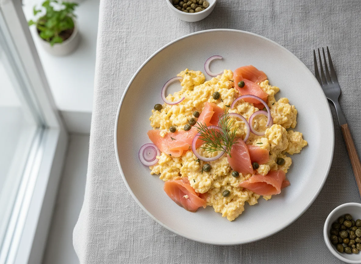 Scrambled eggs with smoked salmon, red onion and capers photo