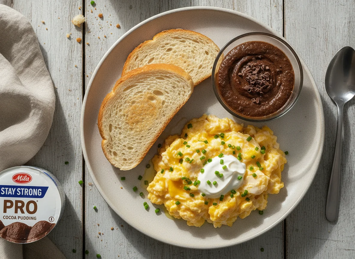 Scrambled eggs with sour cream, bread, and protein pudding photo