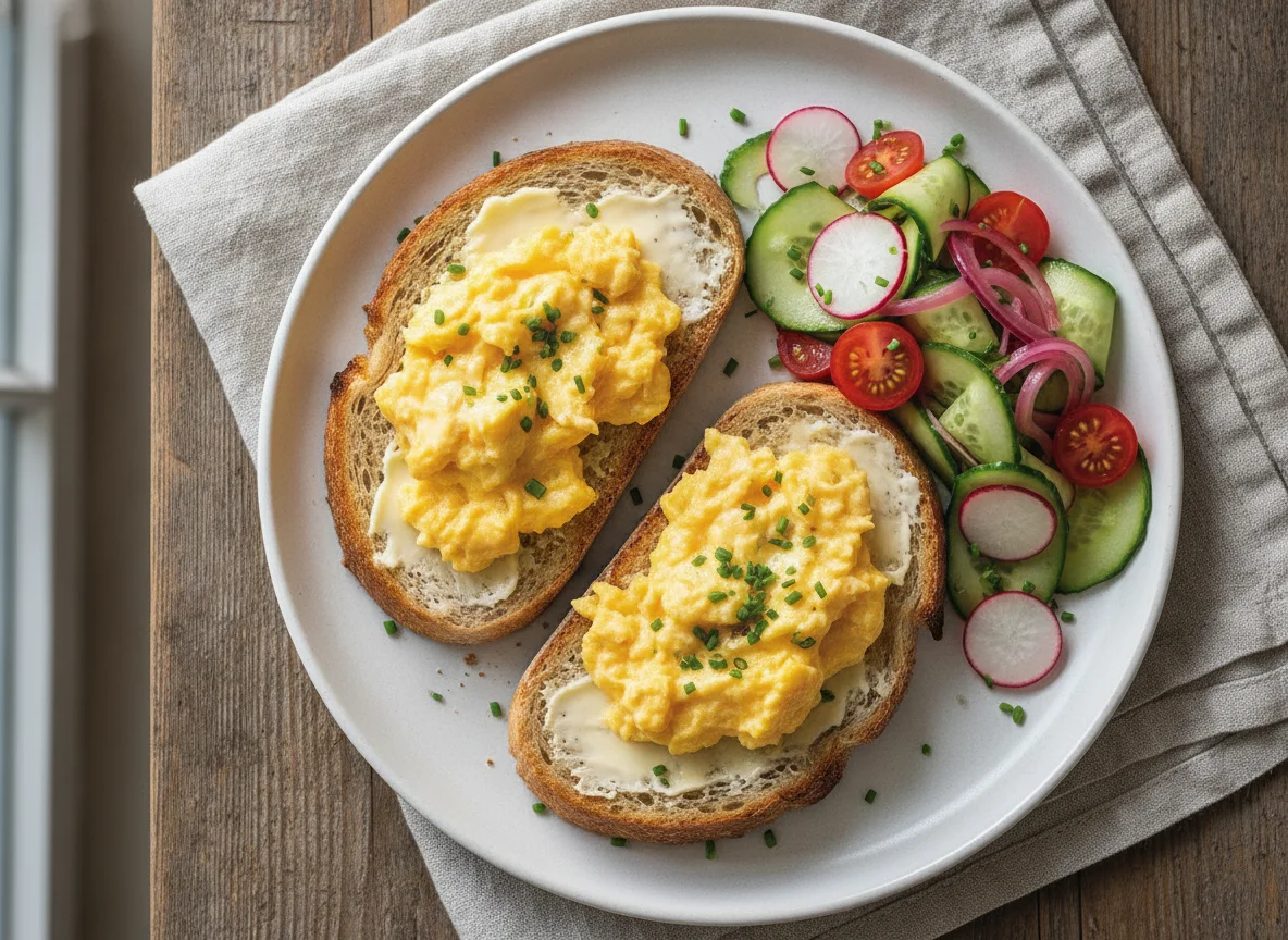 Scrambled eggs with sourdough bread and side salad photo