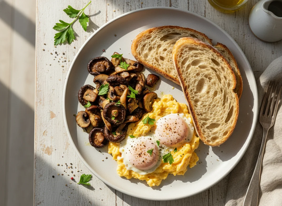 Scrambled Eggs with Sourdough Toast and Mushrooms photo