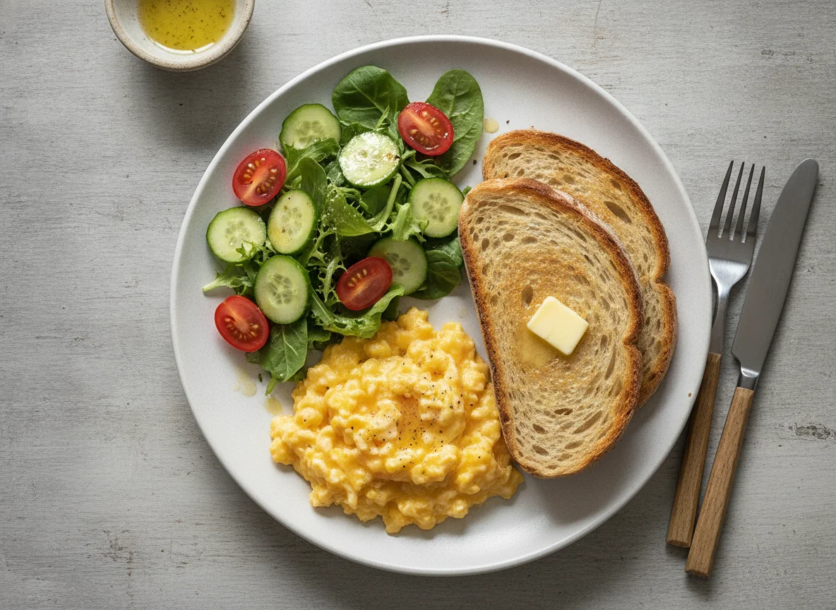 Scrambled eggs with sourdough toast and side salad photo