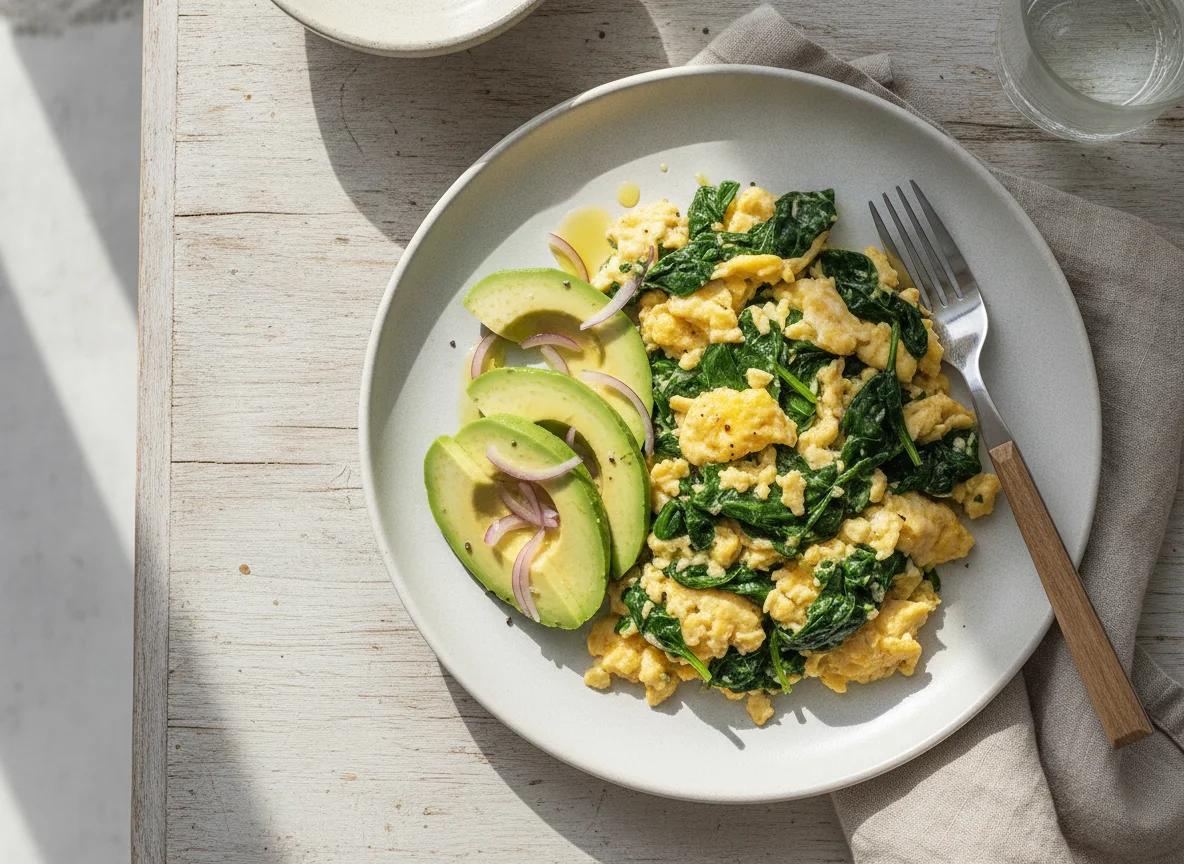 Scrambled eggs with spinach and avocado photo