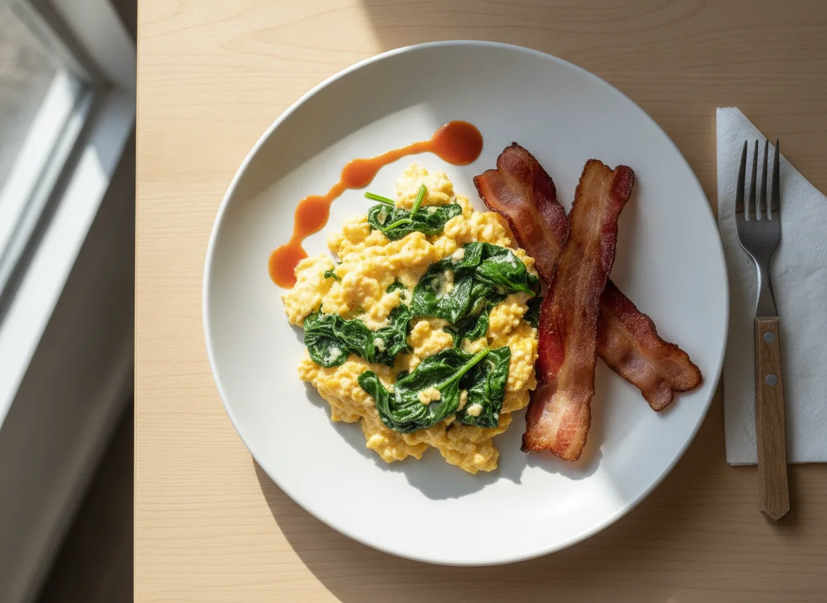 Scrambled eggs with spinach and bacon photo