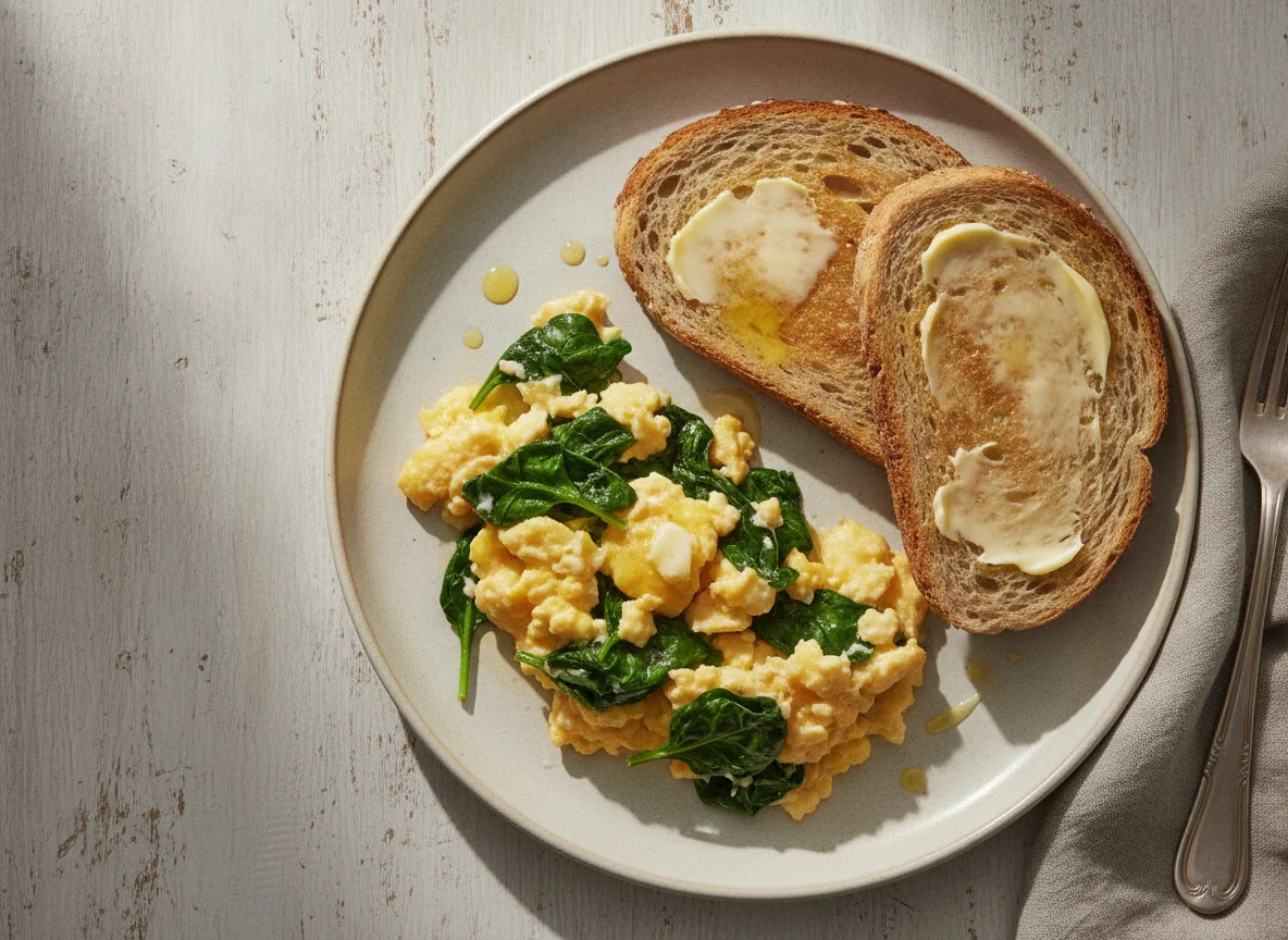 Scrambled eggs with spinach and buttered wholemeal toast photo