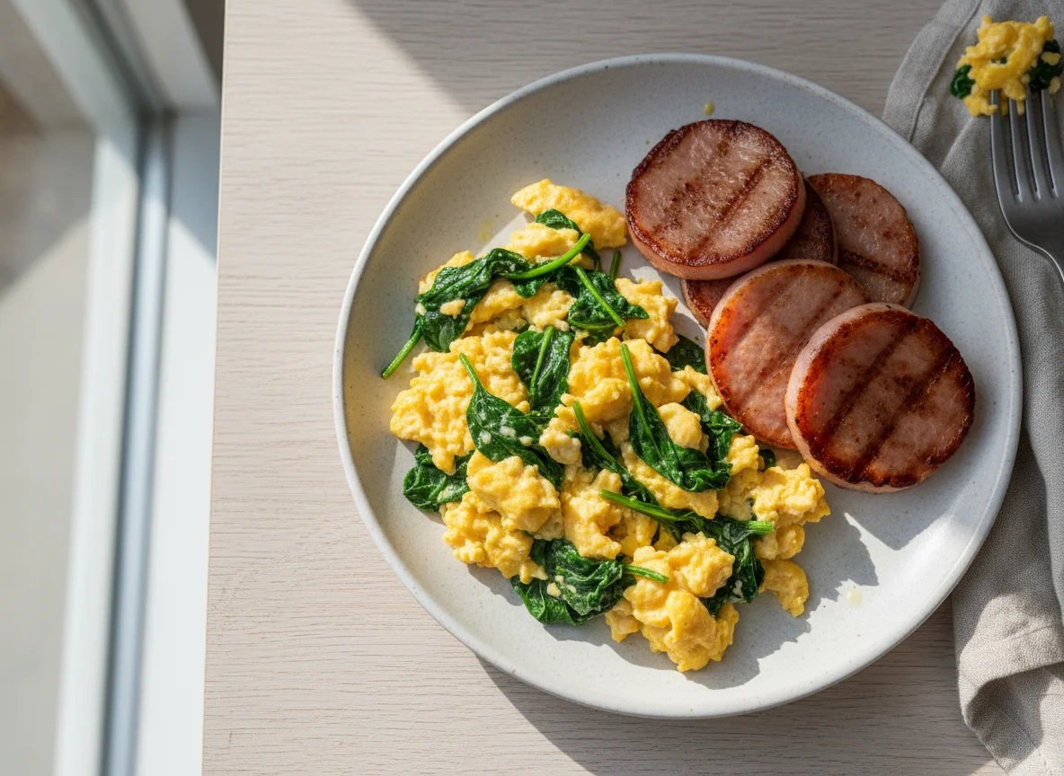 Scrambled Eggs with Spinach and Canadian Bacon photo