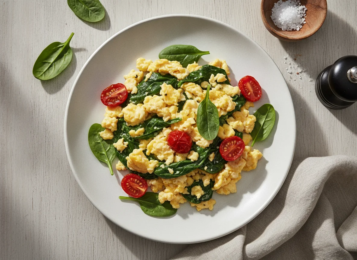 Scrambled eggs with spinach and cherry tomatoes photo