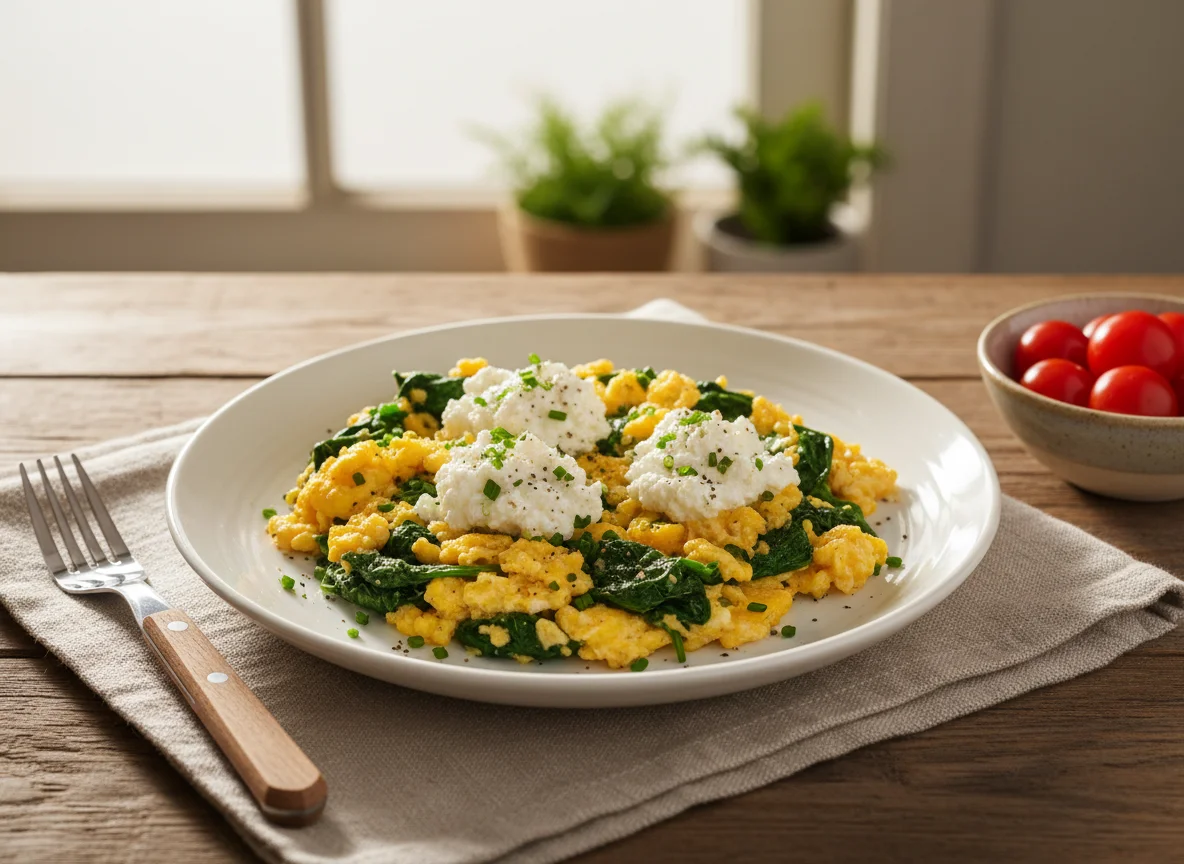 Scrambled Eggs with Spinach and Cottage Cheese photo