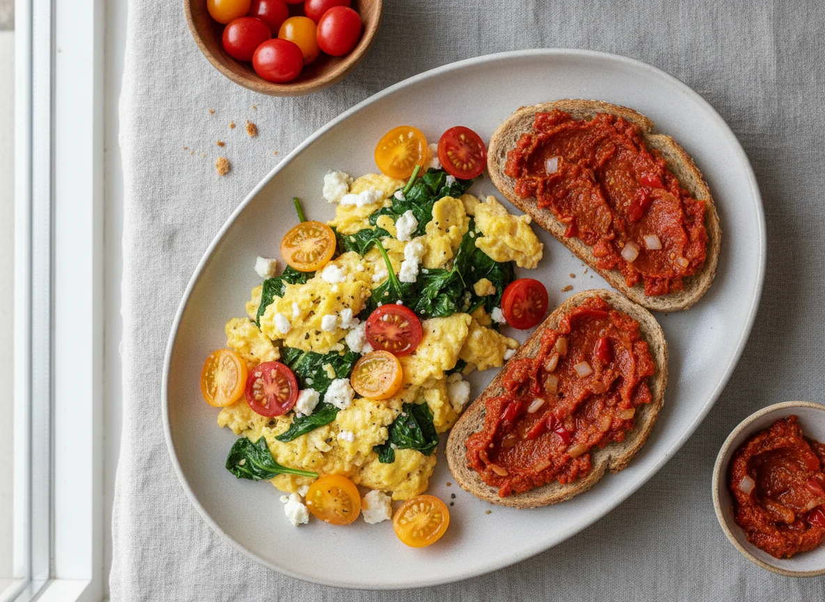 Scrambled eggs with spinach and feta, cherry tomatoes, and bread with spread photo