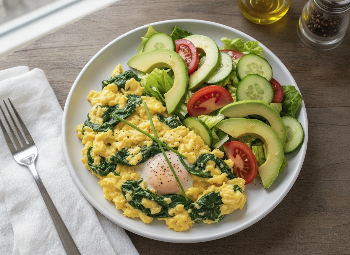 Scrambled Eggs with Spinach and Garden Salad photo