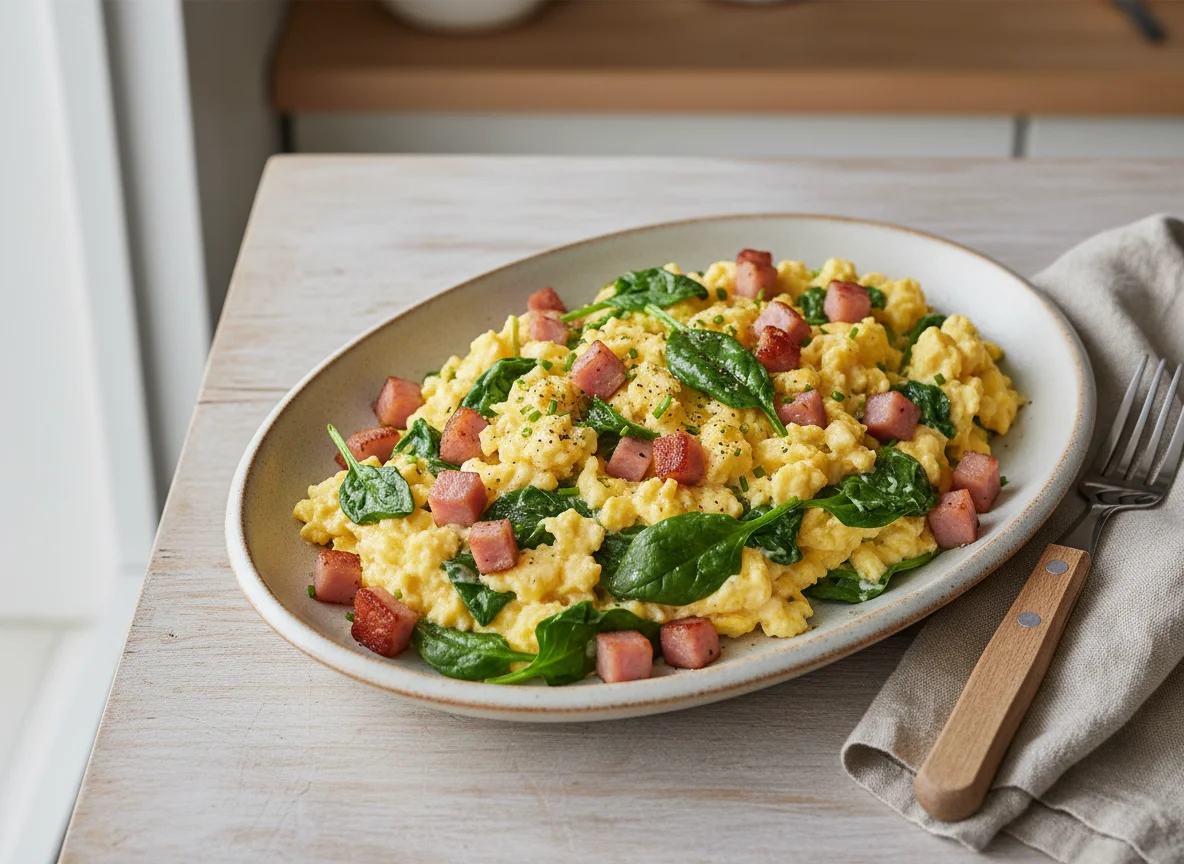 Scrambled Eggs with Spinach and Ham photo