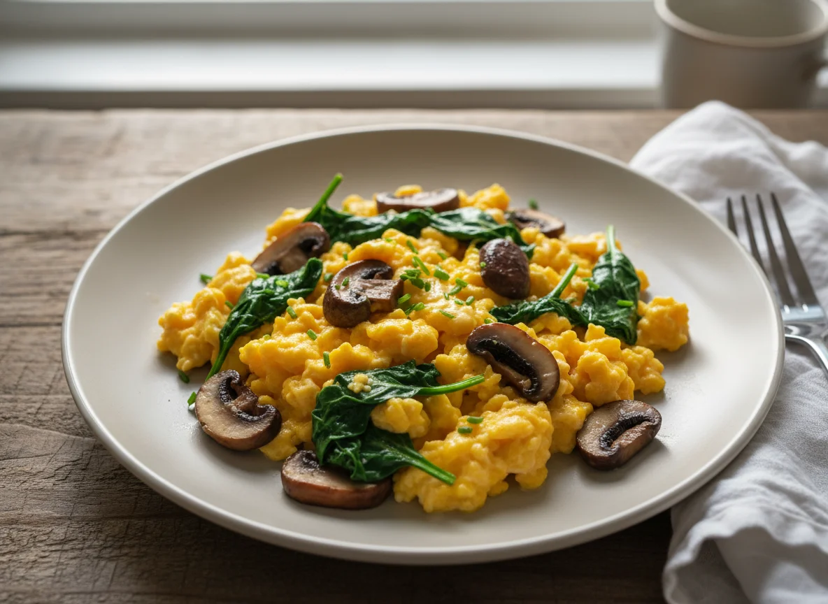 Scrambled Eggs with Spinach and Mushrooms photo