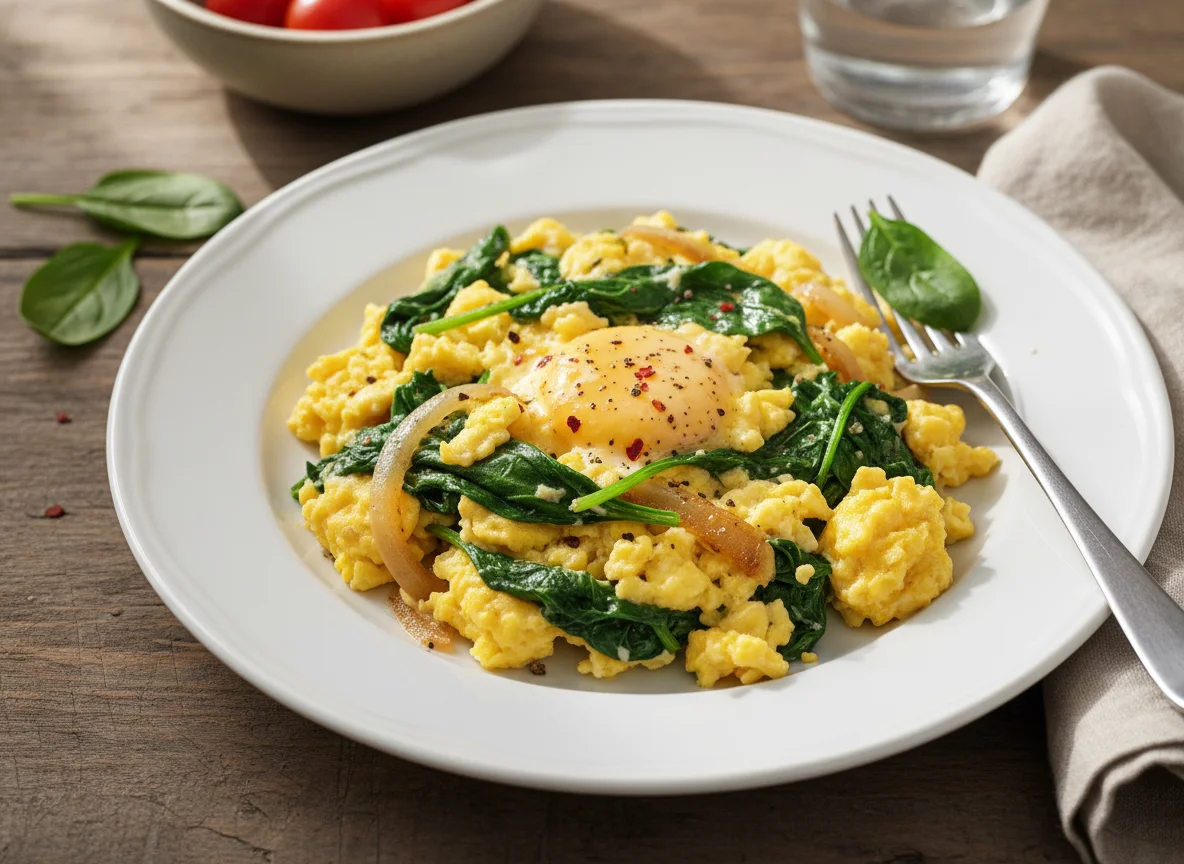Scrambled Eggs with Spinach and Onions photo
