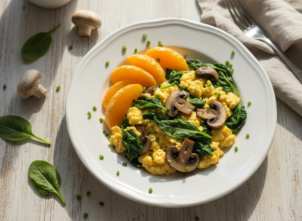 Scrambled Eggs with Spinach and Orange photo