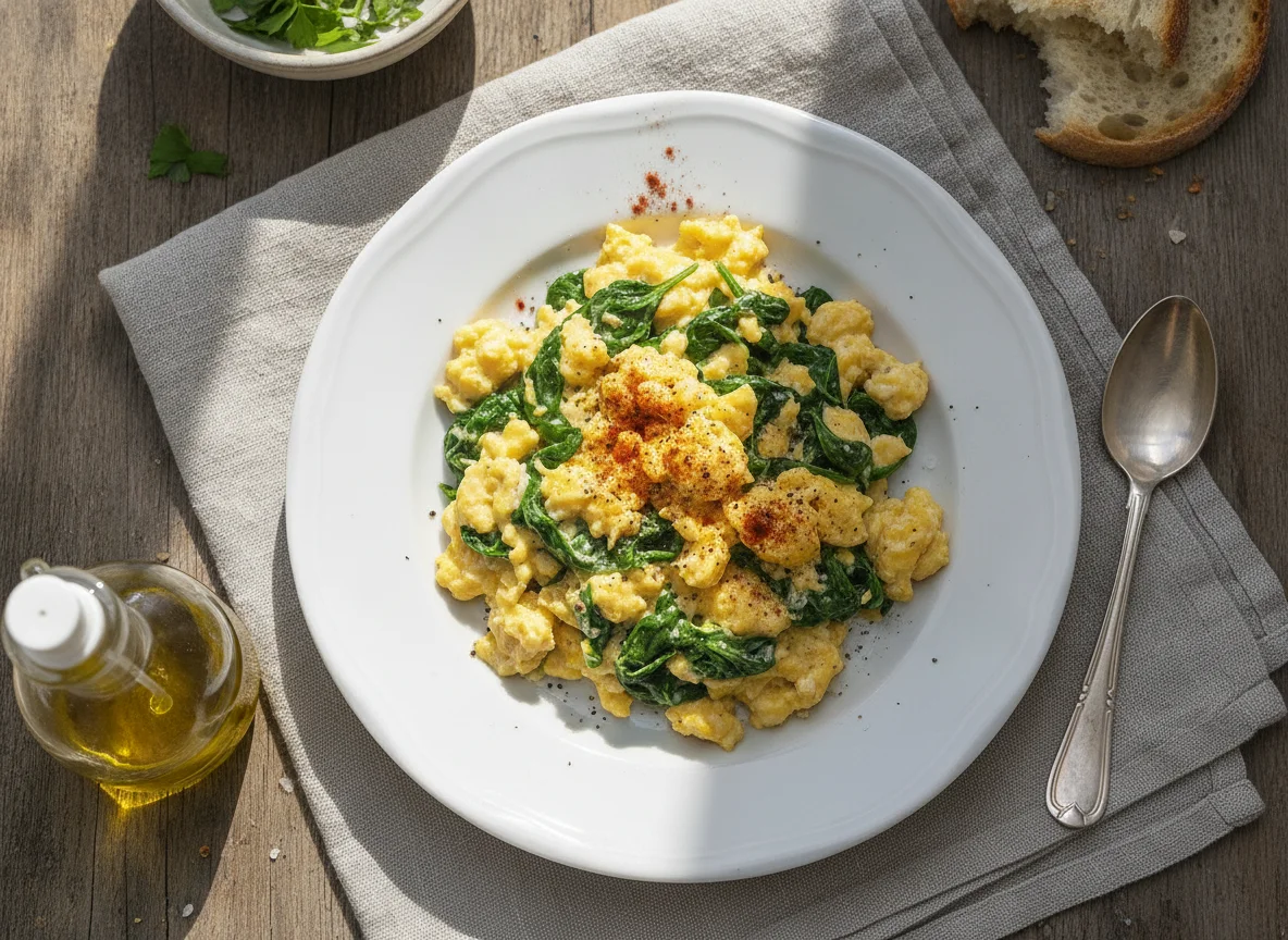 Scrambled eggs with spinach and paprika photo