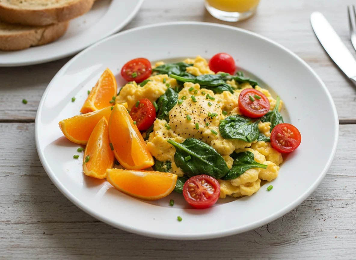 Scrambled Eggs with Spinach and Tomatoes and Orange Segments photo