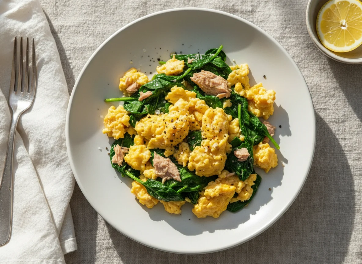 Scrambled Eggs with Spinach and Tuna photo