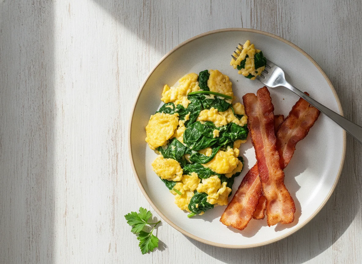 Scrambled eggs with spinach and turkey bacon photo