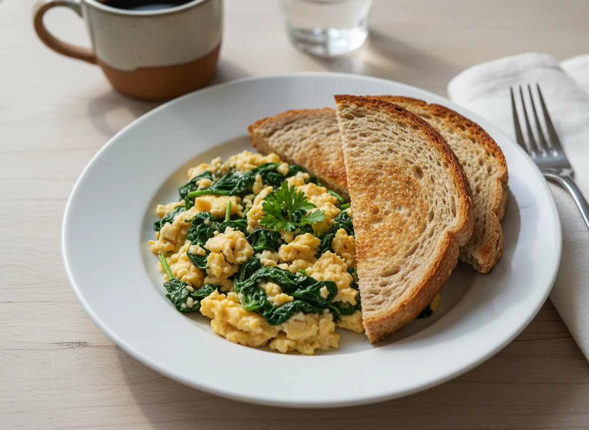 Scrambled Eggs with Spinach and Whole Wheat Toast photo