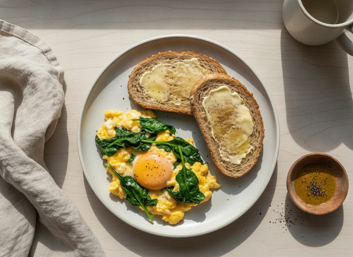 Scrambled eggs with spinach and wholemeal toast photo