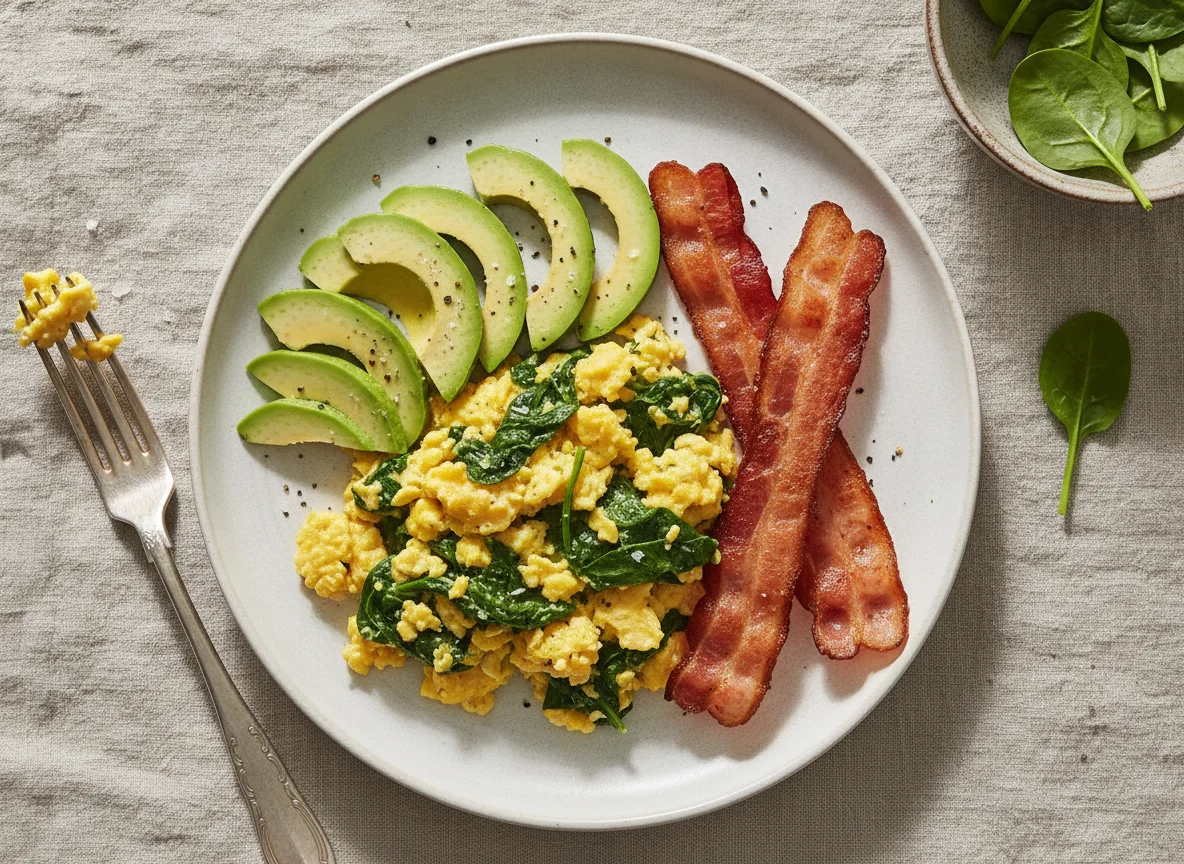 Scrambled eggs with spinach, avocado, and turkey bacon photo