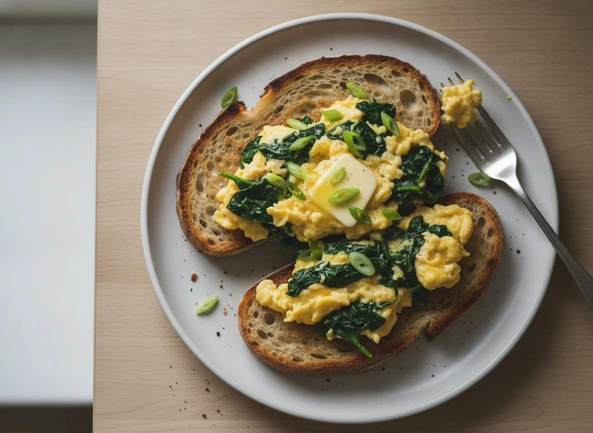Scrambled eggs with spinach on sourdough toast photo