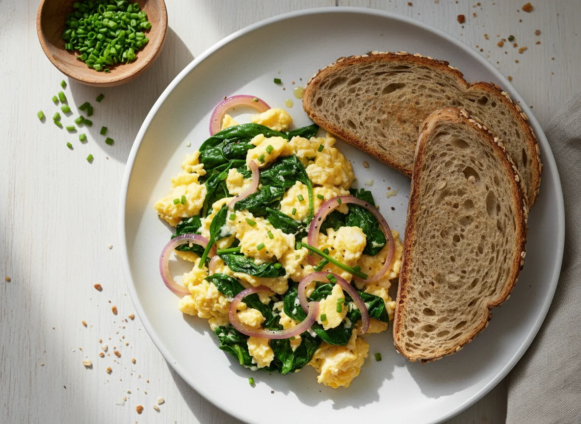 Scrambled Eggs with Spinach, Onion and Whole-Grain Toast photo