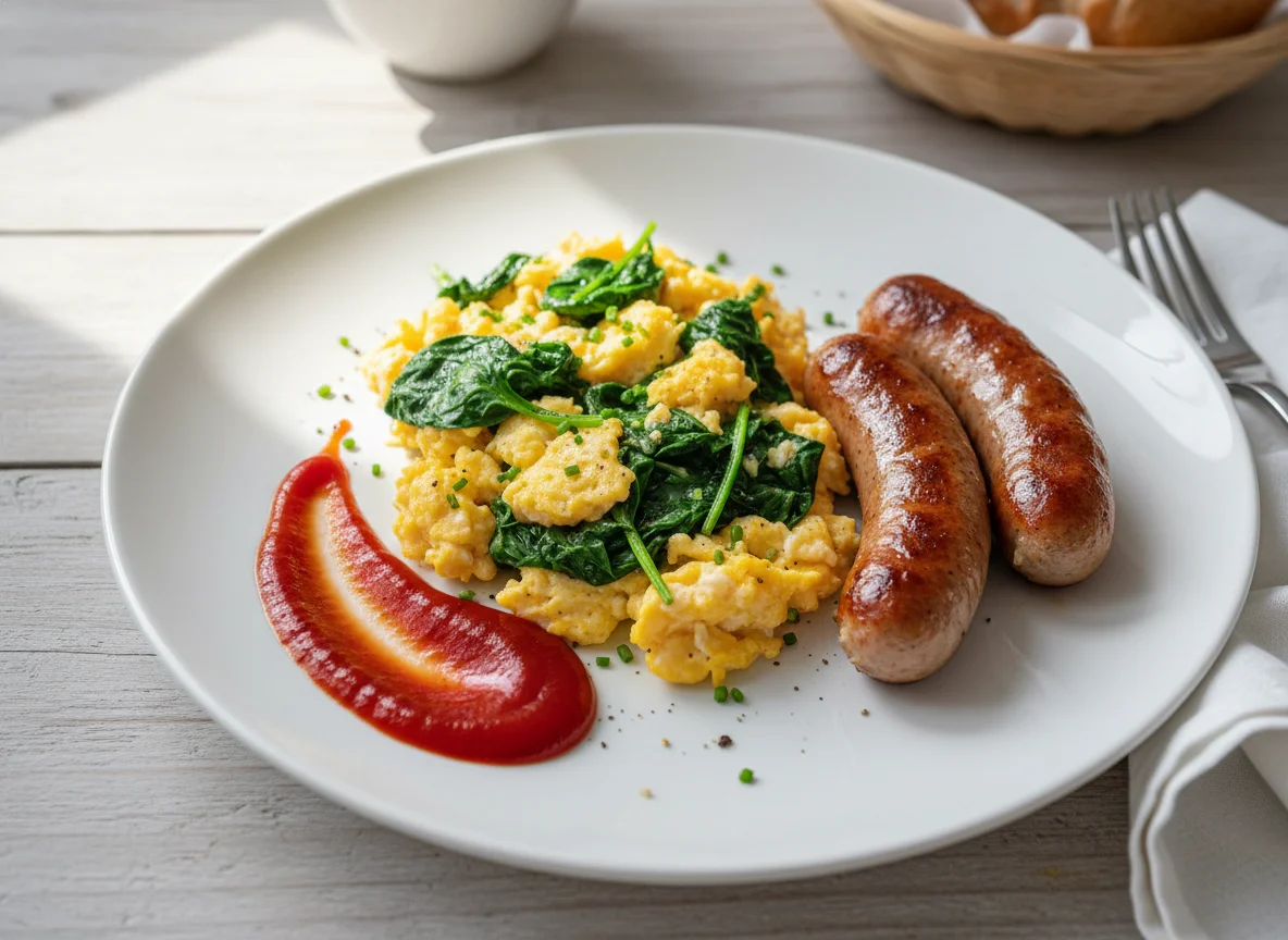 Scrambled Eggs with Spinach, Sausage, and Ketchup photo