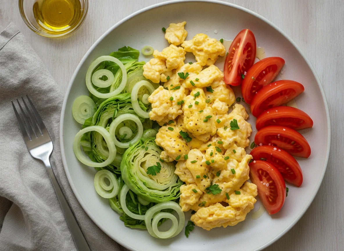 Scrambled eggs with steamed cabbage and sliced tomatoes photo