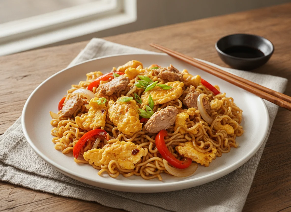 Scrambled eggs with stir-fried tuna, peppers and noodles photo