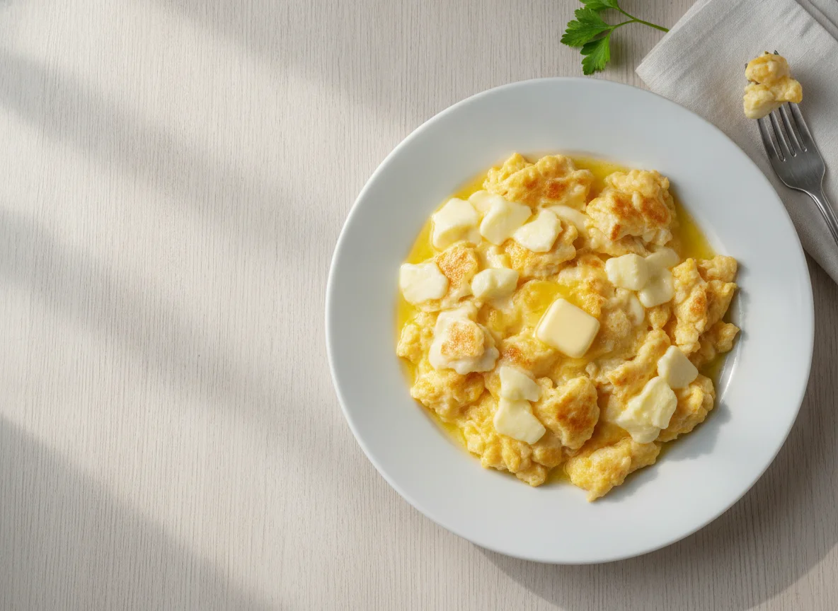 Scrambled eggs with sulguni cheese photo