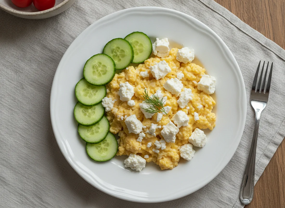 Scrambled eggs with telemea cheese and cucumber photo