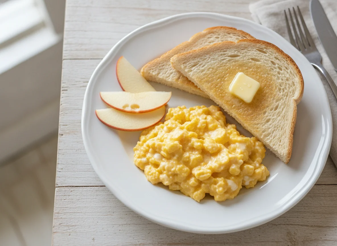 Scrambled eggs with toast and apple photo