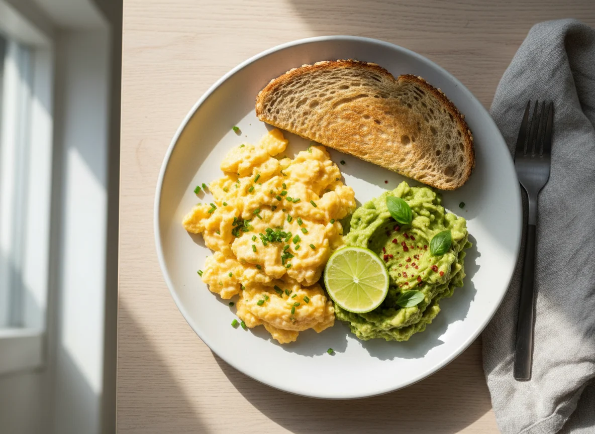 Scrambled Eggs with Toast and Avocado Mash photo