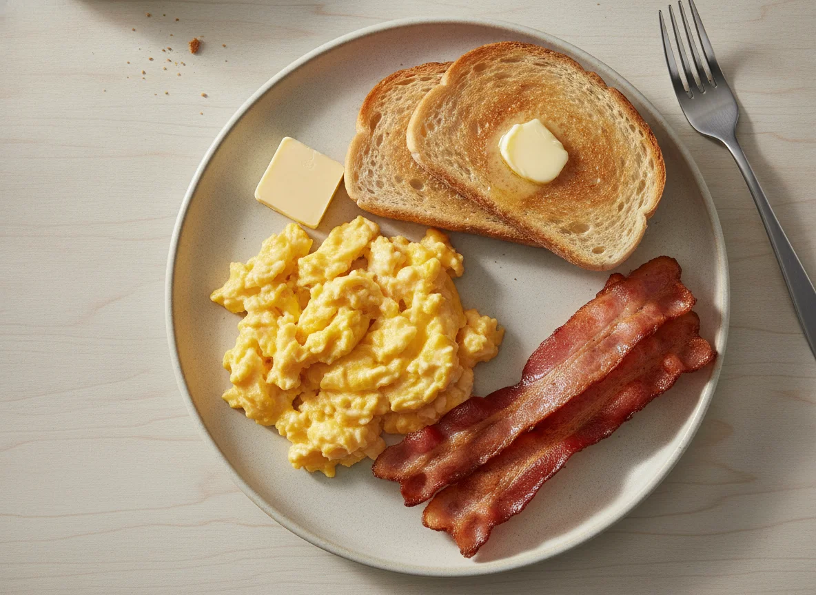 Scrambled eggs with toast and bacon photo