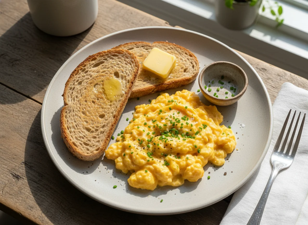 Scrambled Eggs with Toast and Butter photo