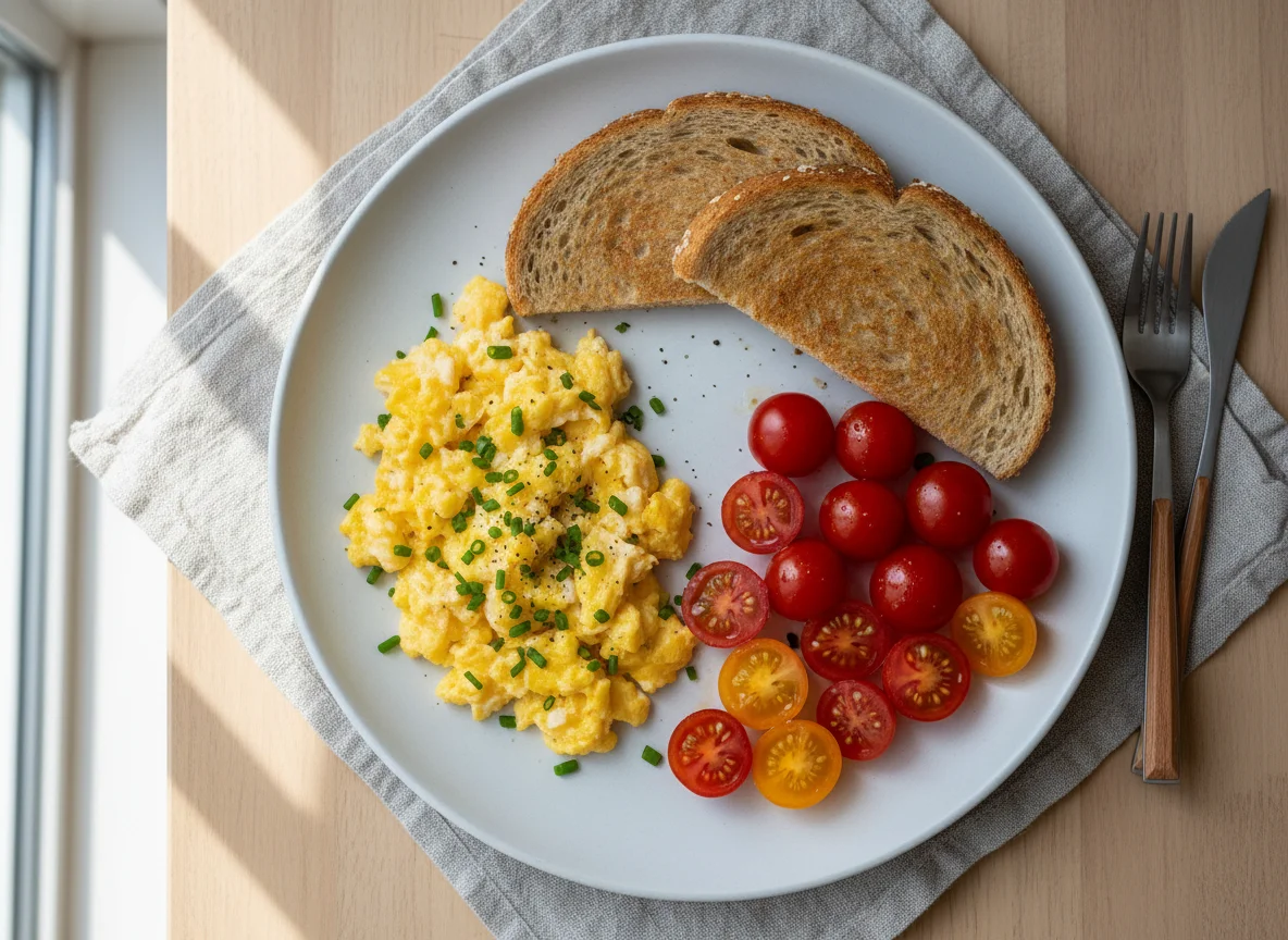 Scrambled Eggs with Toast and Cherry Tomatoes photo