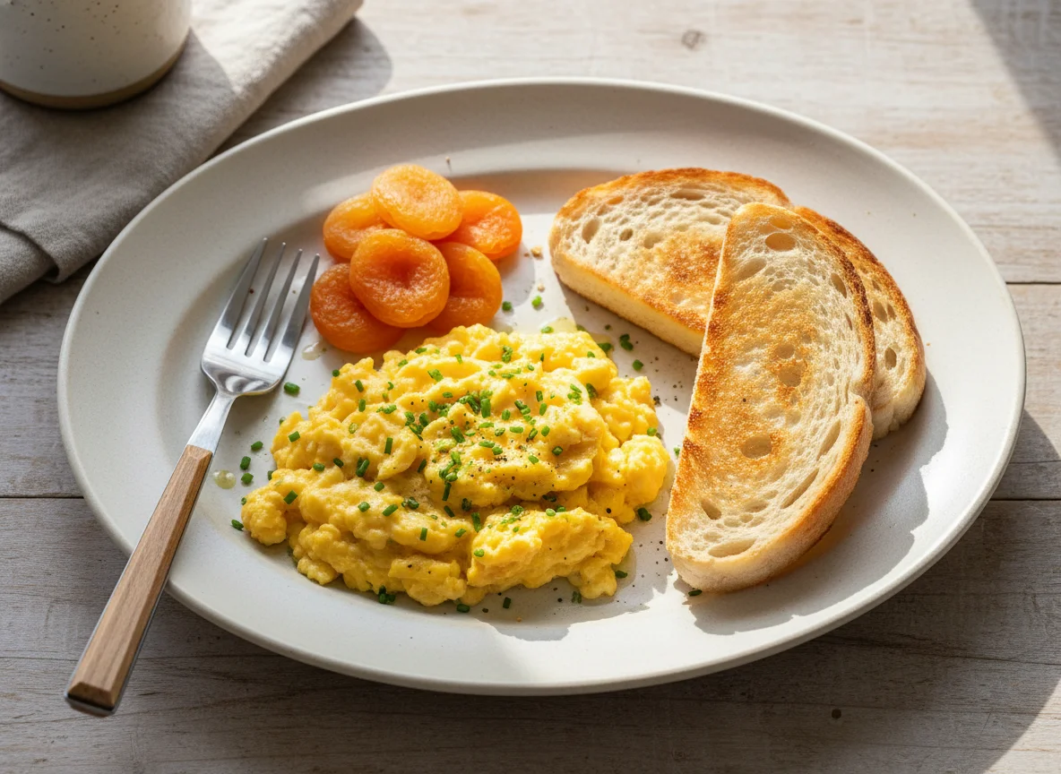 Scrambled Eggs with Toast and Dried Apricots photo